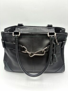 Coach Hampton Satchel Black Belted Leather Bag Blue Stitching Vintage 8A70